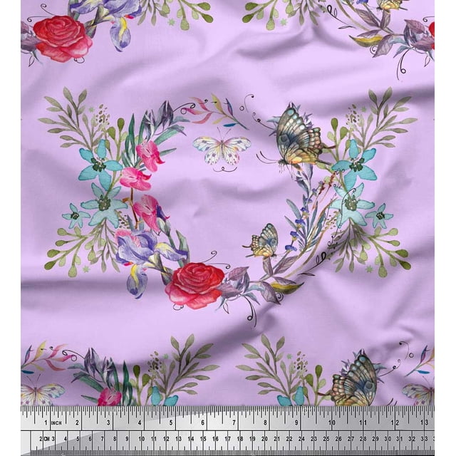 Soimoi Tissu en Coton Cambric Rose Imprimé Insectes, Roses et Couronnes au Mètre 56 Pouces de Large