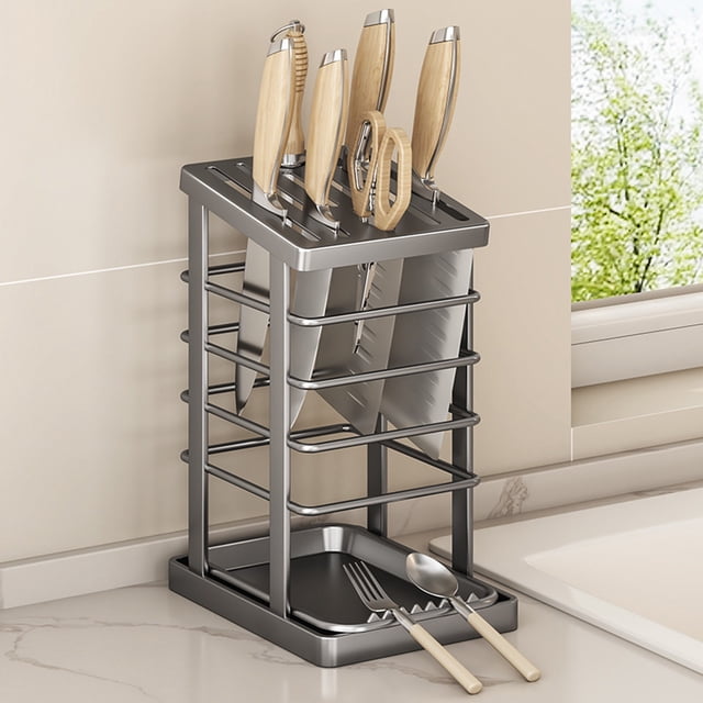 Aufmer Countertop Knife Storage Rack, Stainless Steel Knife Holder with Drainage Tray, Integrated Kitchen Knife Block for Multiple Blades