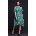 thumbnail image 2 of Bimba Green Bird Print Cold Shoulder Women Swing Tunic Flutter Sleeve Midi Dress - X-Small, 2 of 6