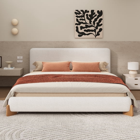 Noble House Elegant Boucle Upholstered Bed,King Size, White