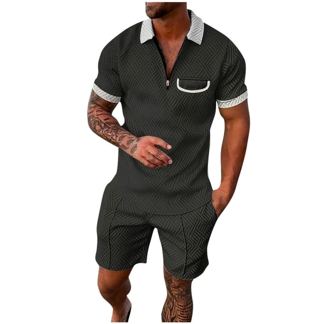 Cameland Two Piece Short Outfits Men Color Block Tracksuits Sport Summer Short Sleeve and Shorts Set for Men