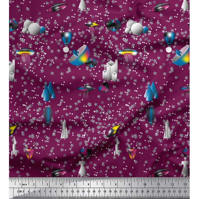 Soimoi Moss Georgette Fabric Spaceship,Star & Satellite Cartoon Decor Fabric Printed Yard 42 Inch Wide