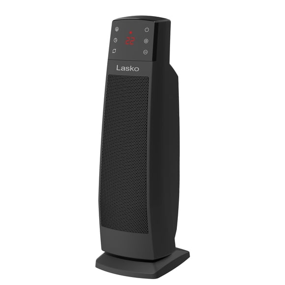 Refurbished Lasko Digital Ceramic Tower Space Heater, 22in, Auto Dimming Display, Tip-Switch Safety Shutoff, Remote Control, Black, CT22850C
