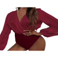 thumbnail image 2 of Combinaison Moulante à Manches Longues pour Femmes, Col en V Profond, Plissée, Aguichant, Imprimé Léopard Patchwork, Hauts de Combinaison pour Dames, 4 Couleurs, Rouge, G, 2 of 5