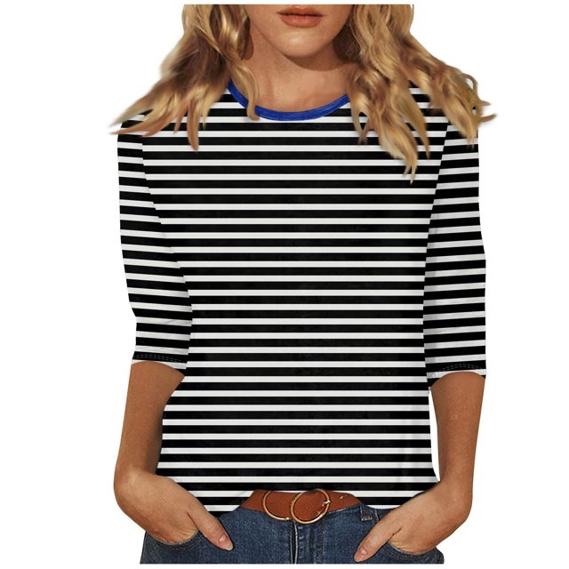 Blouses pour Femmes Mode Blouses à Rayures Imprimées pour Femmes T-Shirt à Manches Trois-Quarts Haut à Col Rond
