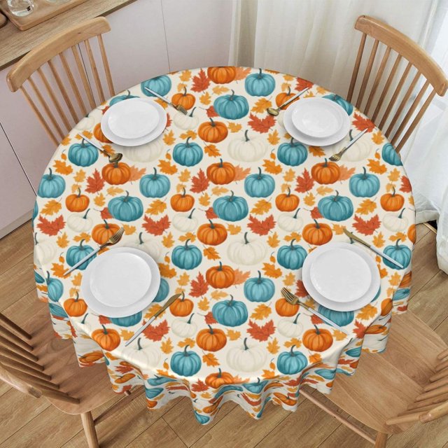 Nappe Ronde Citrouille d'Action de Grâce Feuille d'Automne 60 Pouces Nappe pour Salle à Manger en Polyester avec Bords Festonnés Résistant aux Taches Décoration Cuisine Pique-Nique Fête Restaurant