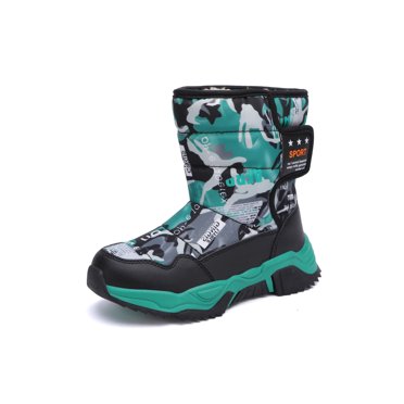 Woobling Boys Winter Boot Plush Lined Warm Shoes Mid Calf Snow Boots Non-Slip Outdoor Black Green 5.5Y