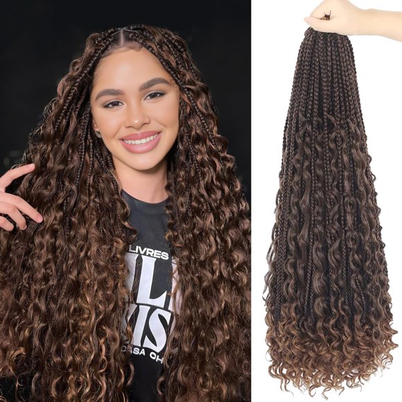 Boho Box Braids Crochet Hair Pre Looped Long Bohemian Box Crochet Braids for Black Women 8 Packs Goddess Box Braids Synthetic Crochet Boho Braids with Curly Ends(24 Inch T30)