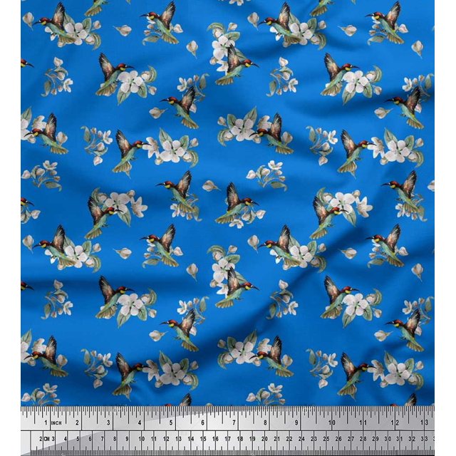 Soimoi Moss Georgette Fabric Leaves,Flower & Humming Bird Printed Craft Fabric by The Yard 42 Inch Wide