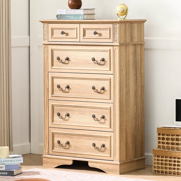 FIAKOA 48” Tall 6 Drawer Dresser for Bedroom, Farmhouse Storage Chest of Drawers for Livingroom, Oak