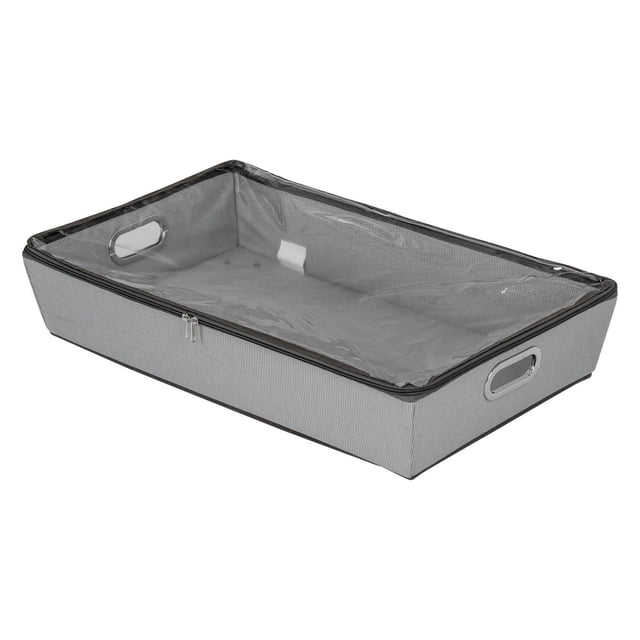 Mainstays Bac de Rangement Roulant sous le Lit à Fermeture Éclair en Tissu Gris avec Panneau Supérieur Transparent, Contenant de Rangement Rectangulaire avec Deux Poignées Latérales, Fermeture à Glissière et Roues pour une Organisation et un Glissement Faciles sous le Lit.