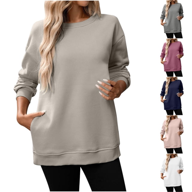 Yuyuzo Chandails à Col Rond pour Femmes, Chandails Décontractés à Manches Longues, Mode d'Automne, Couleur Unie, Doux et Confortables, Hauts à Enfiler