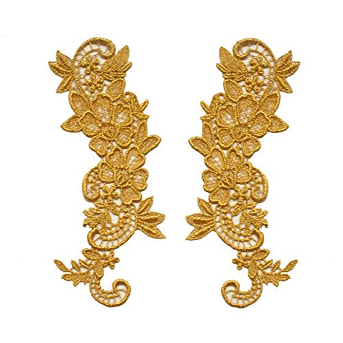 2.75"x8" Floral Venice Lace Applique Embroidered Bridal Guipure Patch Motif (2 Pieces) (Gold Metallic)