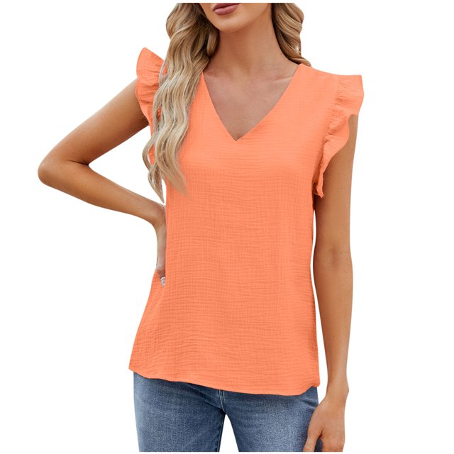 Timegard Womens Summer Tops Ruffle Cap Sleeve V-Neck Solid Color Comfy Lightweight Blouse Casual Loose Tops