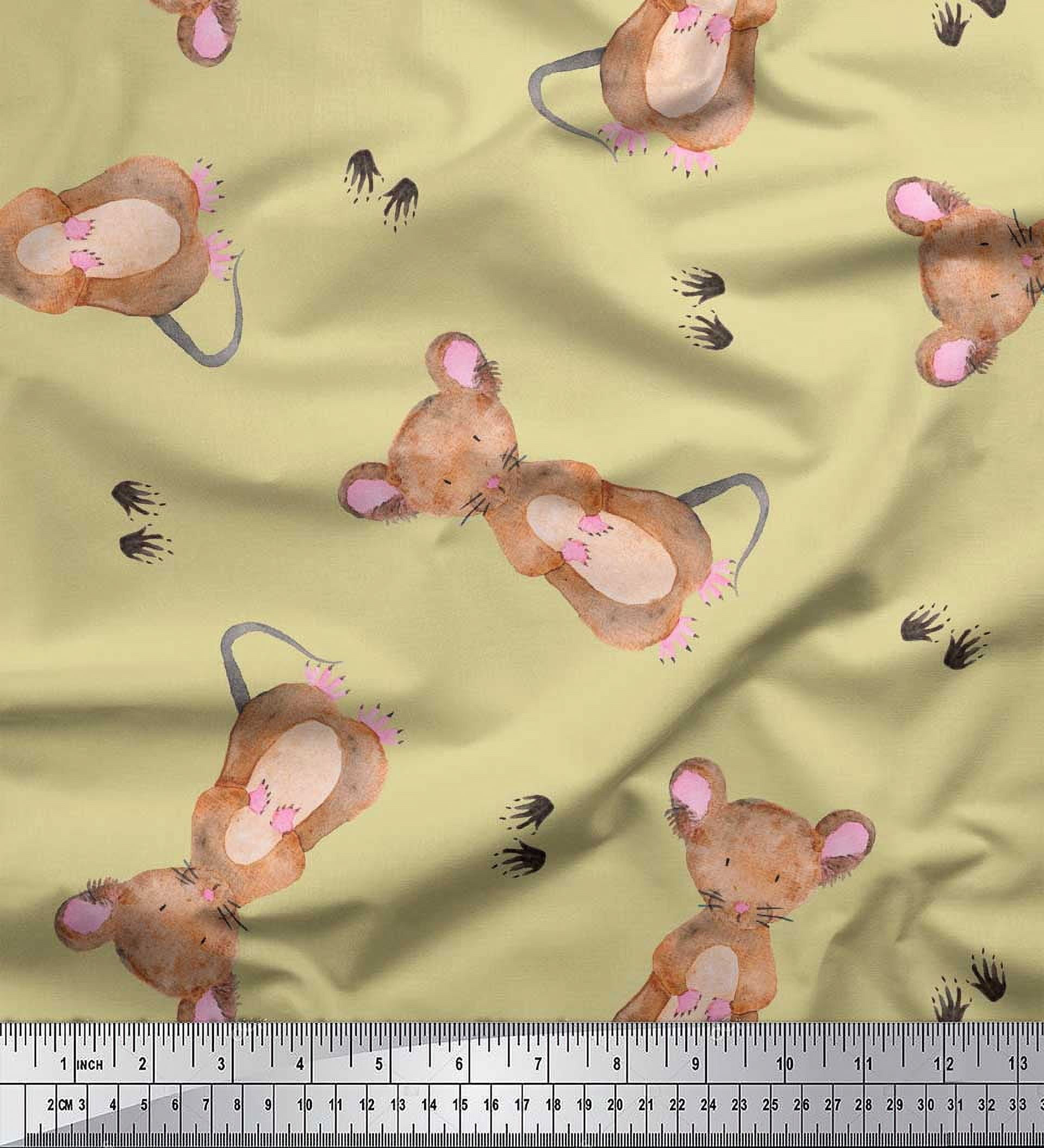 Soimoi Beige polyester Crepe Fabric Footprints & Mouse Kids Printed Craft Fabric by the Yard 52 Inch Wide