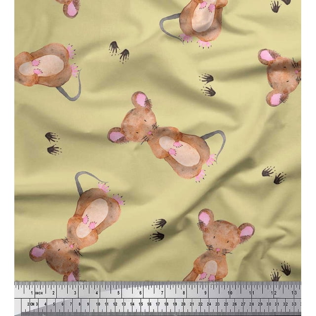 Soimoi Beige polyester Crepe Fabric Footprints & Mouse Kids Printed Craft Fabric by the Yard 52 Inch Wide