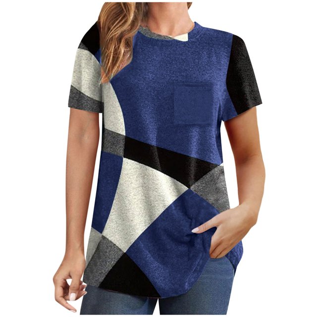 Diufon Hauts pour Femmes Grande Taille Printemps Été Manches Courtes Col Rond Chandails à Enfiler Chemises Décontractées Imprimées Blouses Amples