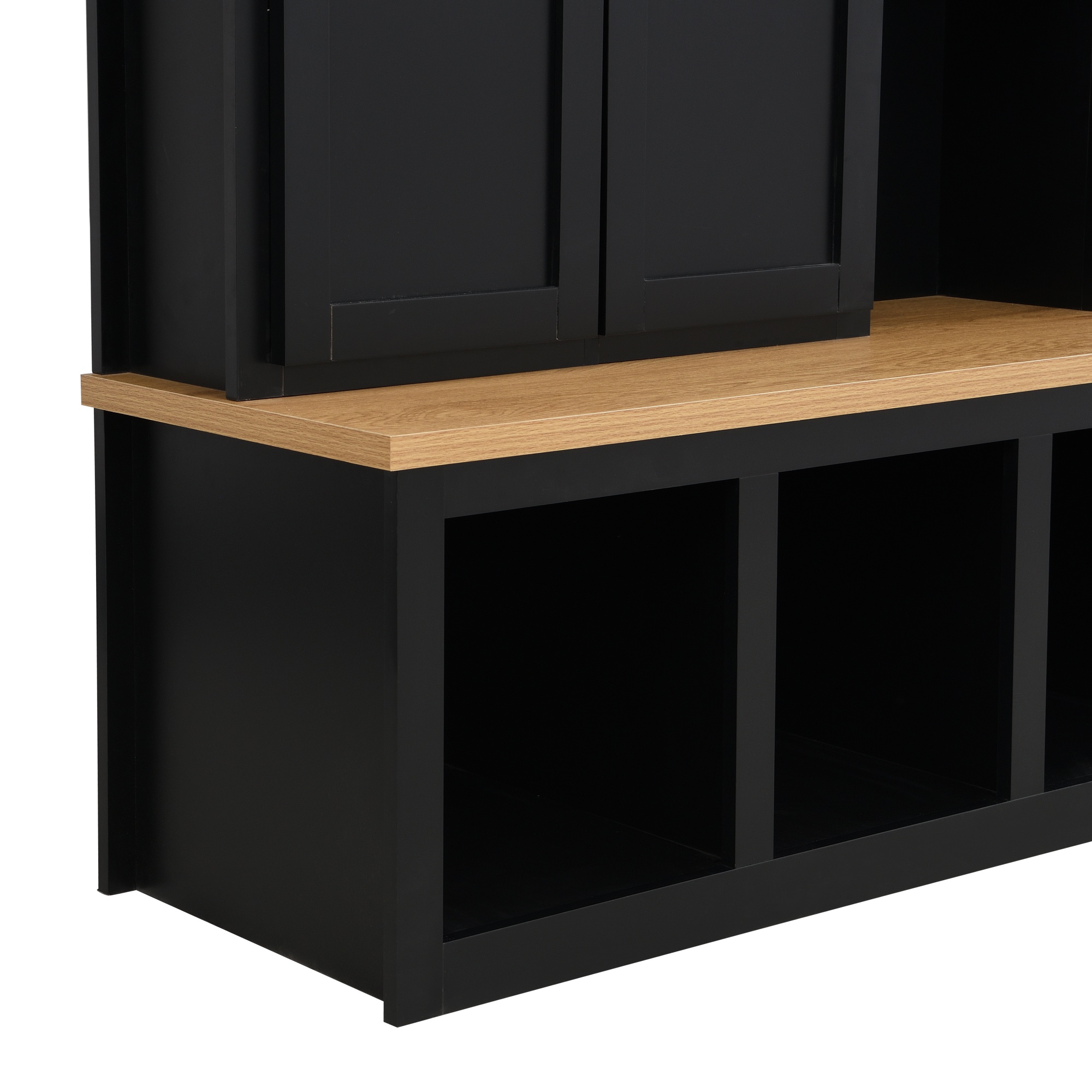 Noble House 62.9" Farmhouse Hall Tree with 6 Hooks,Wood Grain Bench & Shoe Cabinet for Entryway Living Room,Black