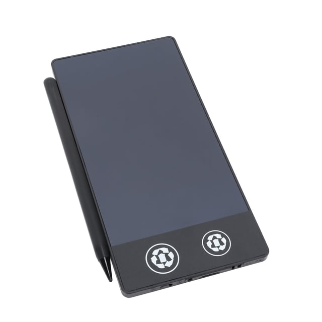 LCD Writing Tablet 6.5 Inch Reusable Electronic Drawing Pad by Walfront, featuring a compact and frameless design with a dual LCD display. The black tablet includes a stylus pen and two recycle-themed buttons for erasing content. Ideal for quick notes or doodling at home or the office. Powered by a CR2016 lithium battery.
