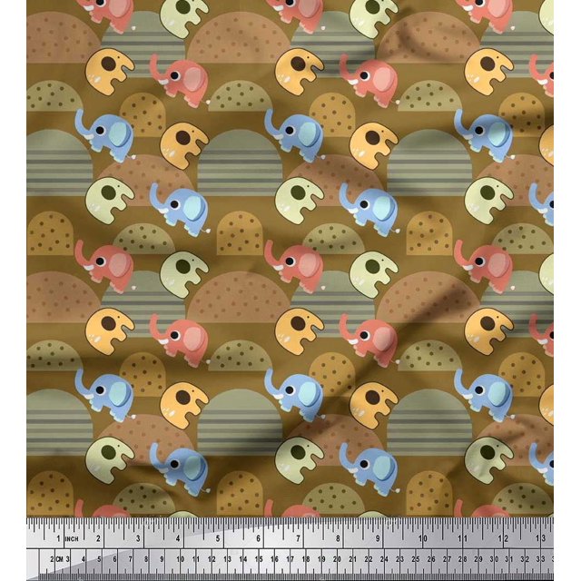 Soimoi Moss Georgette Fabric Cute Elephant Kids Print Fabric by The Yard 42 Inch Wide