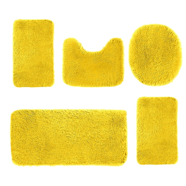 zanvin Bathroom Mat, Solid Color Bath Mats 5 Set featuring five yellow velvet fleece bathroom rugs, including a toilet mat, bath mat, floor mat, and toilet seat cover. Designed for water absorption, non-slip backing, and machine washability. This bathroom rug set features soft longhair texture and is ideal for modern bathroom decor and gifting occasions.