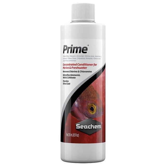 Seachem Prime - 250 ml white plastic bottle of concentrated aquarium water conditioner that removes chlorine, chloramine, ammonia, nitrites, and nitrates from marine and freshwater tanks, supports slime coat production, and detoxifies heavy metals, with a red label showing a fish eye and the Seachem logo.