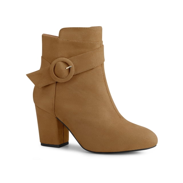 Unique Bargains Women's Round Toe Block Heel Boots Ankle Booties Brown US 5.5