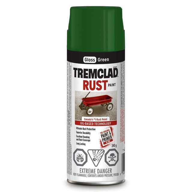 Tremclad Peinture en Aérosol Alkyde-Rouille Vert Lustré avec Capuchon Vert et Étiquette Blanche Mettant en Vedette une image de Chariot Rouge, Mettant en Évidence l'Inhibition de la Rouille à Base d'Huile, Durabilité Supérieure, Pointe en Aérosol Confortable pour un excellent Contrôle, et Technologie de Pulvérisation à Tout Angle pour surfaces Métalliques.