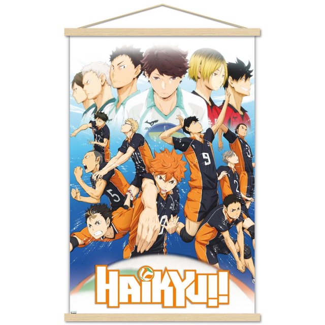 Haikyu!! - Key Art 2 Wall Poster, 22.375" x 34" Framed featuring anime volleyball players in black and orange uniforms in dynamic action poses on a blue background with the Haikyu!! logo, perfect as wall art for home décor and fan collections.