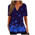 thumbnail image 1 of Penkiiy Tunique Florale pour Femmes Blouse Décontractée Col en V Manches Courtes Boutons T-Shirts 3TG Bleu, 1 of 5