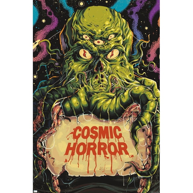 Cthulhu Monster - Classic Horror Wall Poster, 22.375" x 34" depicting a front-facing green Cthulhu creature with multiple eyes and tentacles holding a beige sign with red dripping text 'COSMIC HORROR' against a starry cosmic background with colorful nebulae, printed on glossy paper suitable for home décor or party use.