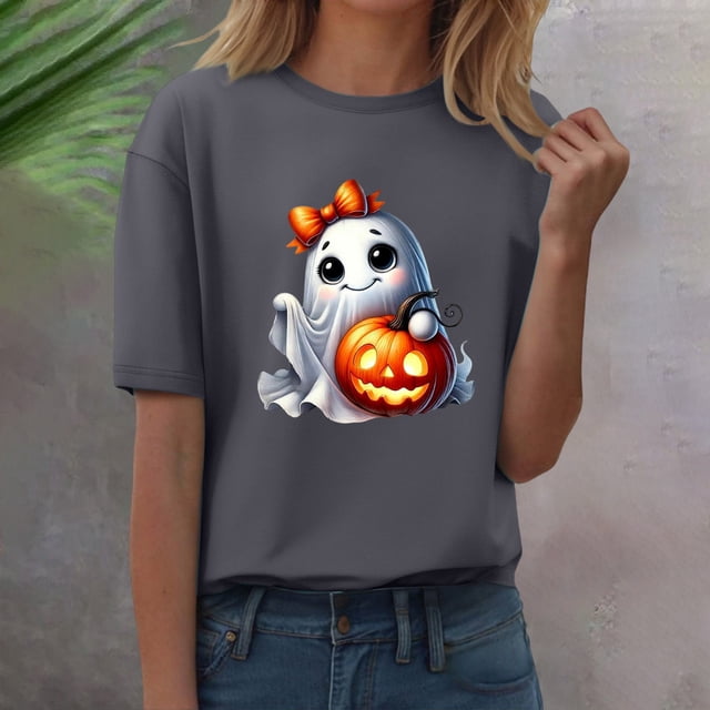 YLHFASHION T-shirt d'Halloween pour Femmes à Manches Courtes, Col Rond, Graphique, Hauts Imprimés Citrouille, Chandails Décontractés d'Automne 2025, Soldes Aujourd'hui, Liquidation, T-shirt à Manches Courtes pour Femmes