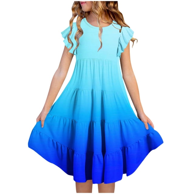RXIRUCGD 2025 Vêtements d'Été pour Enfants Mode Filles Nouvelle Robe d'Été à Manches Courtes Poches à Volants Col Rond Imprimé