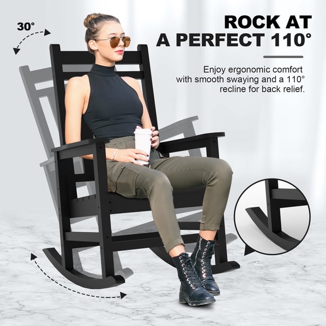 Edtara High Back Outdoor Rocking Chair, Hdpe Plastic Porch Rocker With Wooden Garden Patio Furniture Look, 158kg Capacity, Ideal for Patio, Porch, Balcony, Deck and Lounge Areas