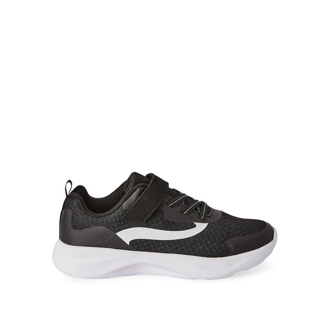 Athletic Works Boys' Mica Sneakers with faux leather and mesh upper, synthetic outsole, round toe, lace-up plus Velcro-strap closure and pull loop; front-facing pair on white background, suitable for gym class, recess, or wearing with basketball shorts and an active tee.