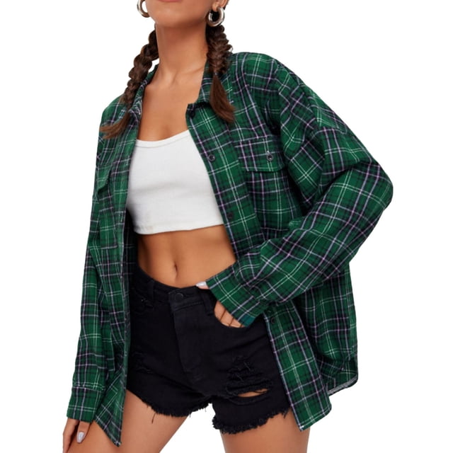 Women Plaid Flannel Shirt Jacket Button Down Lapel Long Sleeve Shirts Blouse Shacket Cardigan Coats Fall Spring Clothes