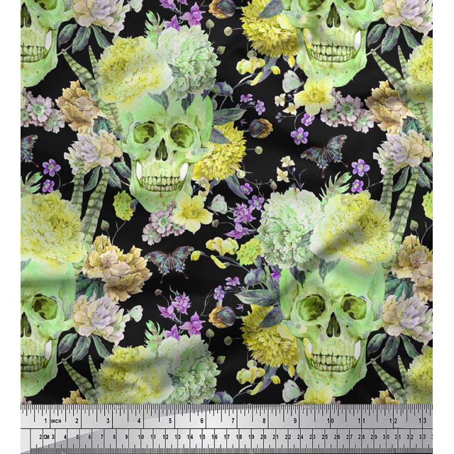 Soimoi Green Japan Crepe Satin Fabric Insect,Skull & Flower Print Sewing Fabric BTY 42 Inch Wide