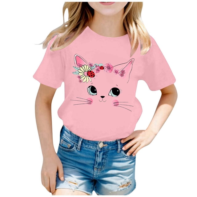 GDREDA Vêtements Fille Enfant Filles Mignon Mode Imprimé Col Rond Manches Courtes Tee Été Décontracté Ample Doux T-Shirt Hauts T-Shirt à Manches Courtes pour Fille Rose, 2-4 Ans
