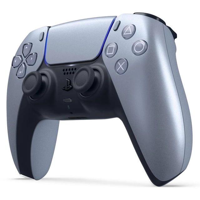Open Box Sony PS5 Dual Sense Wireless Controller - Silver front-facing, centered silver DualSense controller with rounded handles, central touchpad, PlayStation face buttons, visible adaptive trigger housings and 3.5mm headset jack; notes haptic feedback and adaptive triggers from product specs and built-in microphone, often used for PS5 remote play or PC gaming.