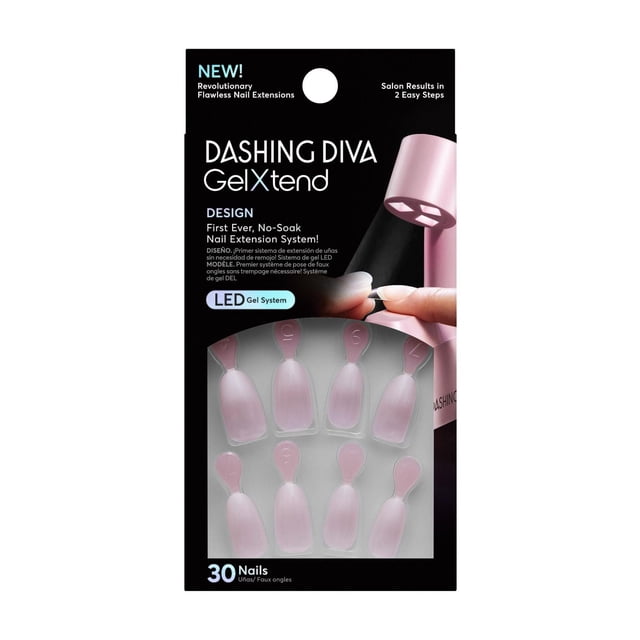 DASHING DIVA - Ongles DESIGN GEL XTEND - Ensemble Gracieux pour Fille Contenant 30 Faux Ongles en GEL Rose Pâle Conçus pour des extensions d'Ongles en GEL LED Faciles et Sans Trempage, Présentés dans une Boîte Noire avec Image de Marque et application à la Main d'Un Ongle sous une Lampe LED Rose, Idéal pour des Soins des Ongles de Qualité Salon et l'Application de Faux Ongles.