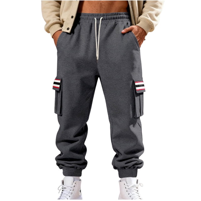 Lovzfmll Men's Retro Striped Fleece Joggers, Solid Color Base, Heavy Pile, Drawstring Waist, Pockets for Warmth Dark Gray, XL