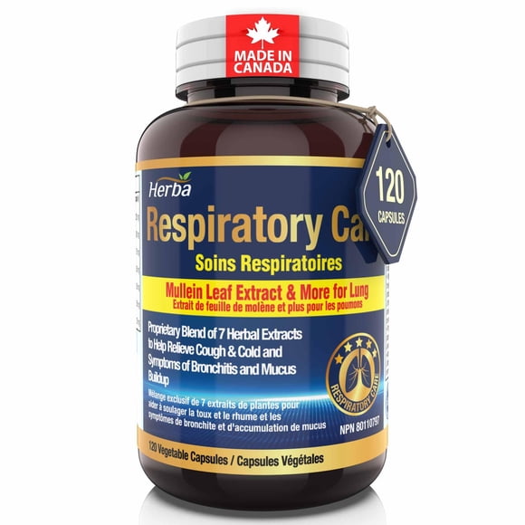 Herba Soins Respiratoires avec Extrait de Feuille de Bulle pour les Poumons – 120 Capsules / Soulagement du Mucus et du Phlegme / Aide à Soulager la Toux, le Rhume et la Bronchite / Fabriqué au Canada