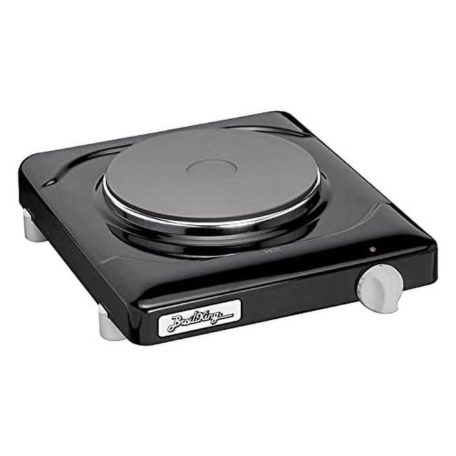 Broil King PCR-1B Professional Cast Iron Range in black, featuring a single cast iron heating element, a durable black finish, and a control knob for temperature adjustment. This compact hot plate is ideal for small kitchens, dorm rooms, or portable cooking needs.