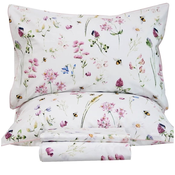 QSH Floral Bed Sheets Set Queen Size - Shabby Flower Bee Print Bed Sheet Set - Extra Soft and Breathable 100% Egyptian Cotton - 4 pcs Deep Pockets Flower Bed Sheets Queen Size Sets