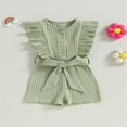 thumbnail image 2 of Toddler Baby Girl Clothes Rompers Ribbed Ruffle Sleeveless Button Belted Romper Short Jumpsuit Summer Outfit Brick Red 12-18 Months, 2 of 7