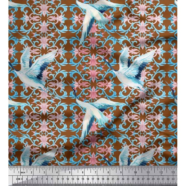 Soimoi Poly Georgette Fabric Floral Damask & Stork Bird Printed Fabric 1 Yard 42 Inch Wide