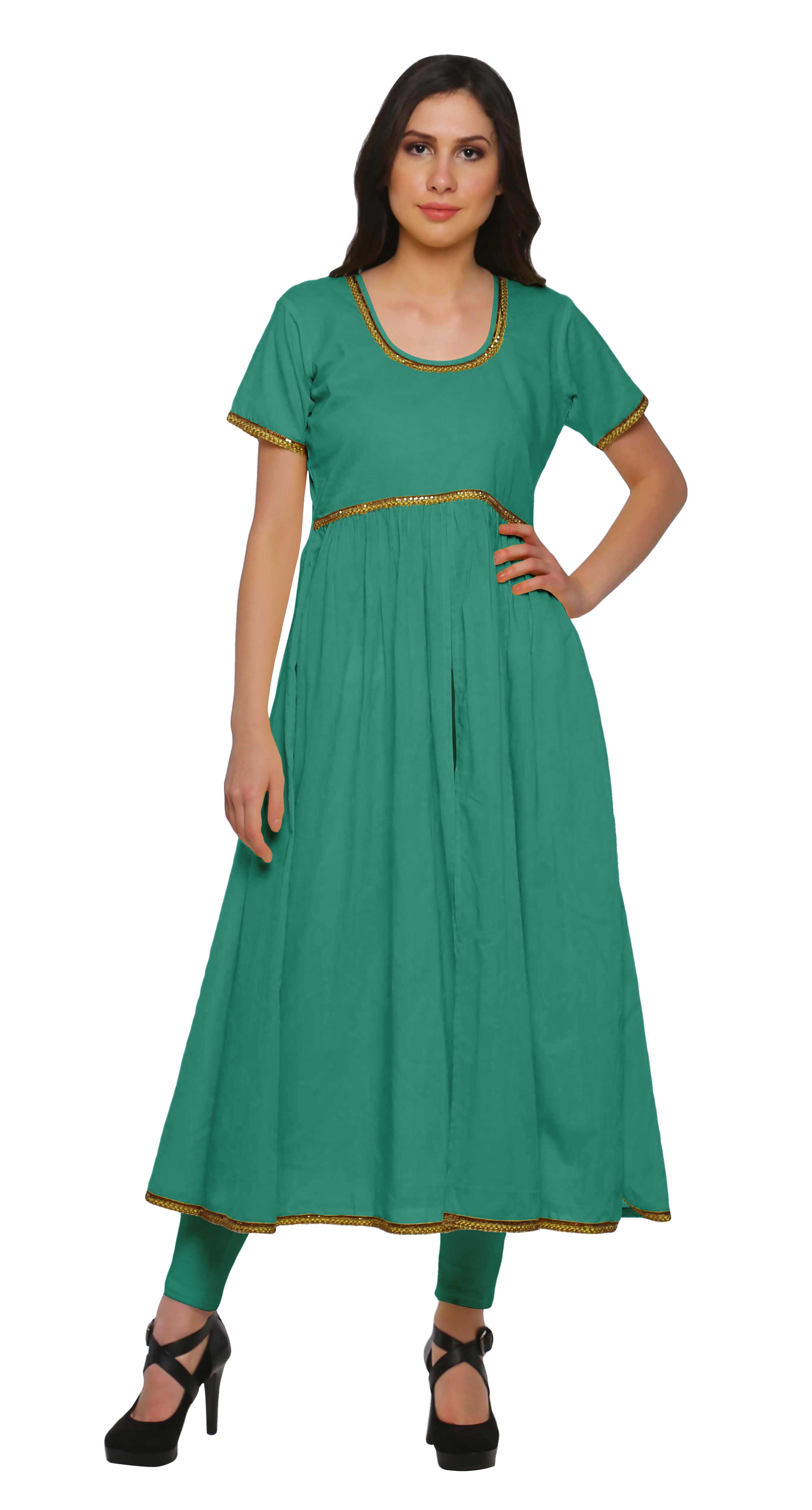 Moomaya Cotton Dress For Women Casual Summer Front Slit Solid Short Sleeve Kurta
