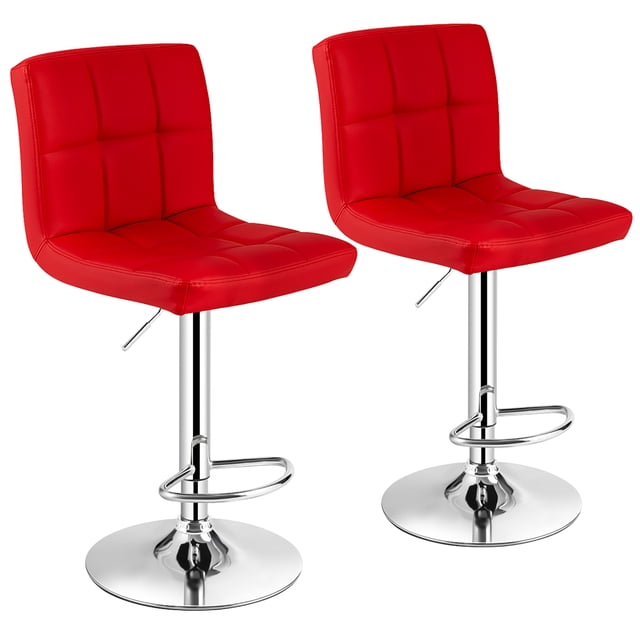 Costway Ensemble de 2 Tabourets de Bar Réglables en Cuir PU Rouge au design Moderne. Chaque Tabouret Présente un Siège Rembourré avec Dossier Mi-Haut, Fonction de Rotation à 360 Degrés et Réglage Pneumatique de la Hauteur. le Cadre Métallique Robuste Comprend une base Circulaire Chromée avec un Anneau en Caoutchouc pour Prévenir les Égratignures du Plancher et un Repose-Pieds Intégré pour un Confort Accru. Convient aux Comptoirs de Cuisine, aux Coins Repas Ou aux Espaces de pub.