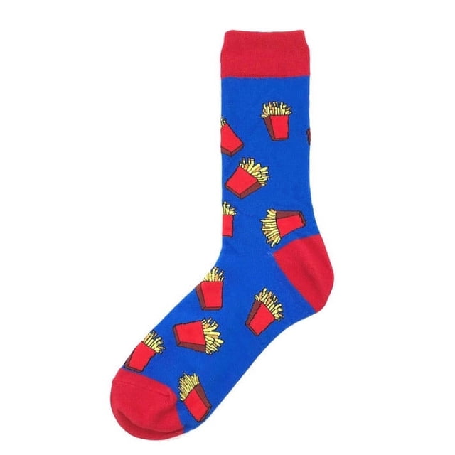 Chaussettes pour Femmes en Coton Mode Hommes Femmes Unisexe Décontractées Bas Mi-Mollet en Coton Imprimé avec une base Bleue Audacieuse et des accents Rouges sur l'Orteil, le Talon et la Manchette. le design Met en Valeur des Imprimés Fantaisistes de Contenants de Frites Rouges, Idéal pour les Tenues Décontractées de Printemps et d'Été. Fabriqué en Matériau Coton Respirant.