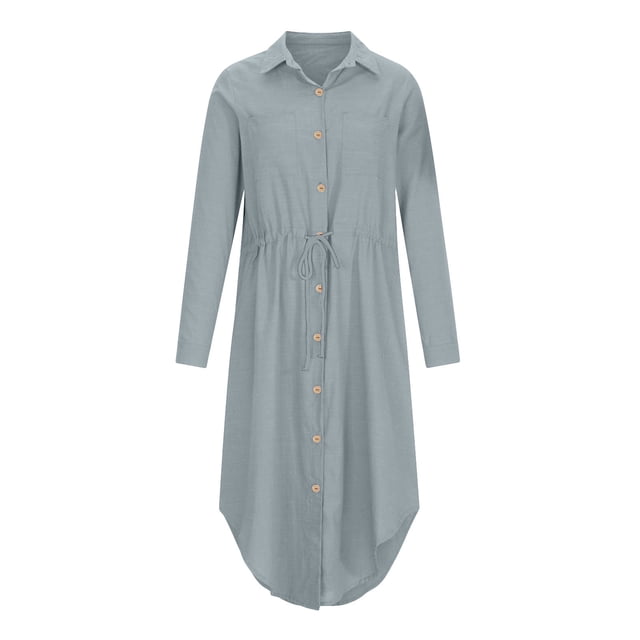 Pisexur Robes d'Été pour Femmes en Coton et Lin à Boutons, Robe Chemise à Manches Courtes, Cordon de Serrage, Col en V, Couleur Unie, Robe Formelle Décontractée, Contrôle du Ventre, Robe Soleil Fluide, Grande Taille P-5TG
